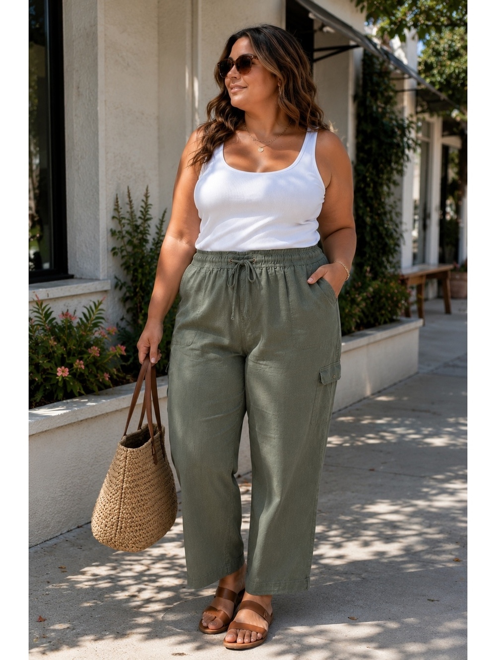 Rachel Zoe 100% Linen Cargo Pants XL Olive Green Coastal Quiet Luxury